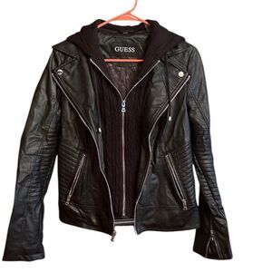 Guess Women’s Faux Leather Biker Jacket Black Removable Hood Size Medium
